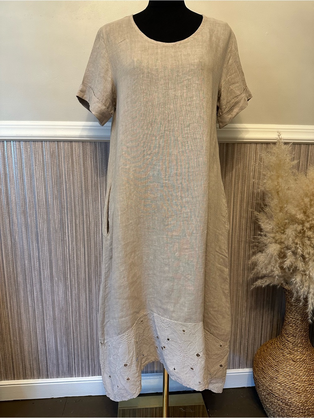 Natural Beige Linen Midi Dress with Embroidered Hem